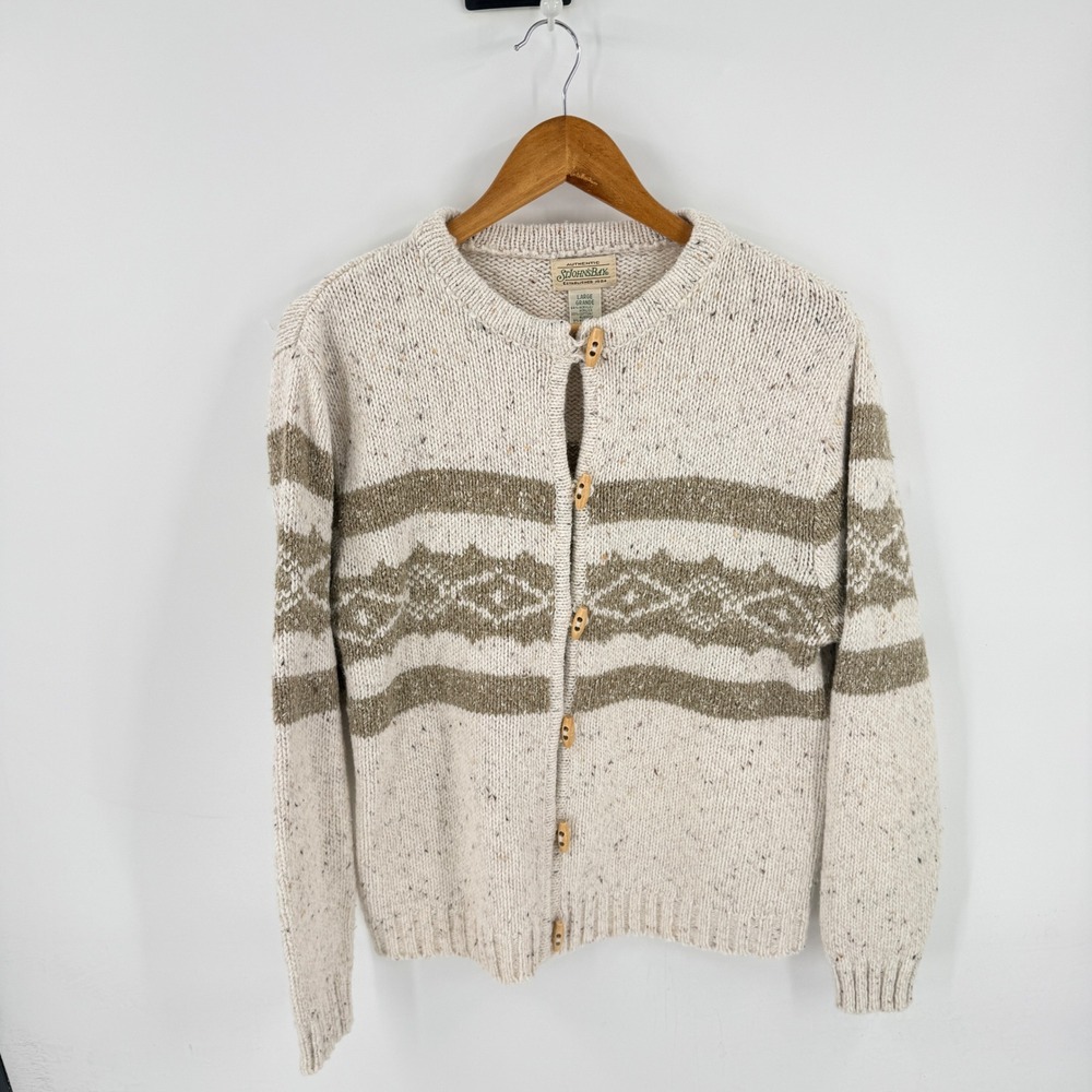 St. John's Bay Cardigan Oatmeal Large Fair Isle Wood Button Vintage Style
